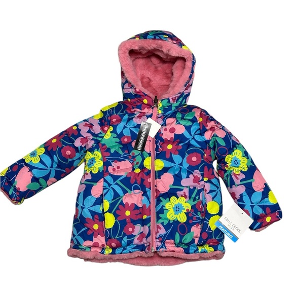 Falls Creek Girls 2T Toddler Reversible Puffer Jacket Coat Faux Fur Flowers Hood - Picture 4 of 9